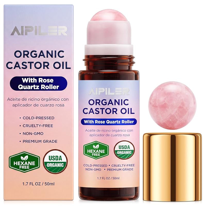 Organic Castor Oil Rollerball for Face & Skin - Rose Quartz Roll On, 1.7 Fl Oz (Yellow) - AIPILER