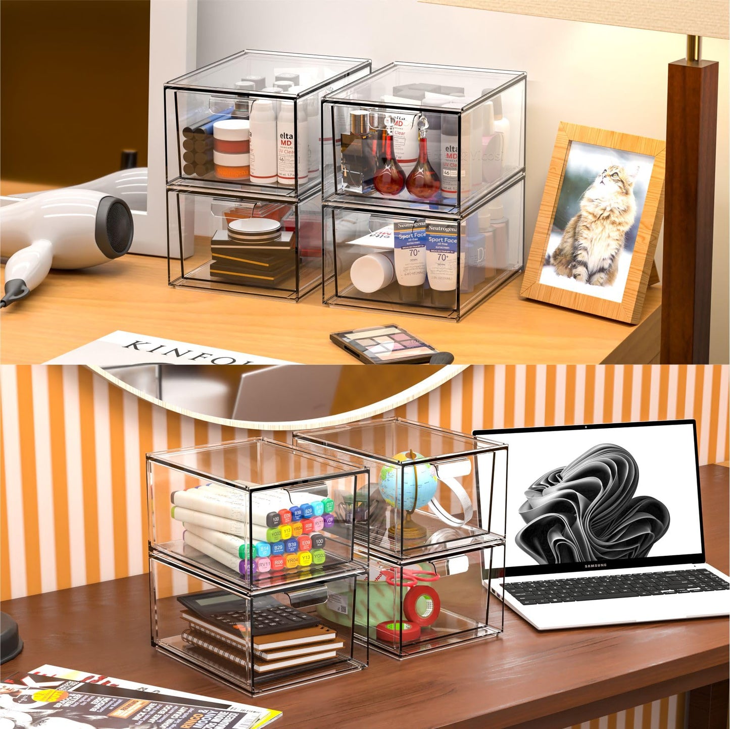 Cq acrylic Stackable Storage Drawers Set of 2,Under Cabinet Stackable Bins and Pull out Drawers Storage Container,4.4'' Tall Clear Plastic Organizer Bins for Makeup,Beauty Product,Machine Organizing