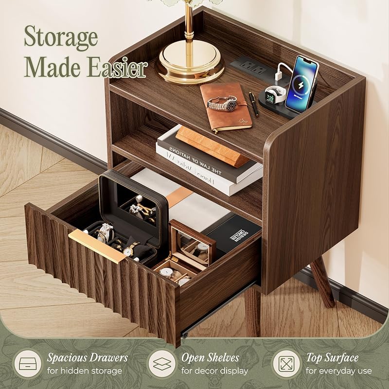 Huuger Walnut Nightstand with Charging Station - USB-C, USB-A & 2 AC Outlets (Variation: Walnut+1)