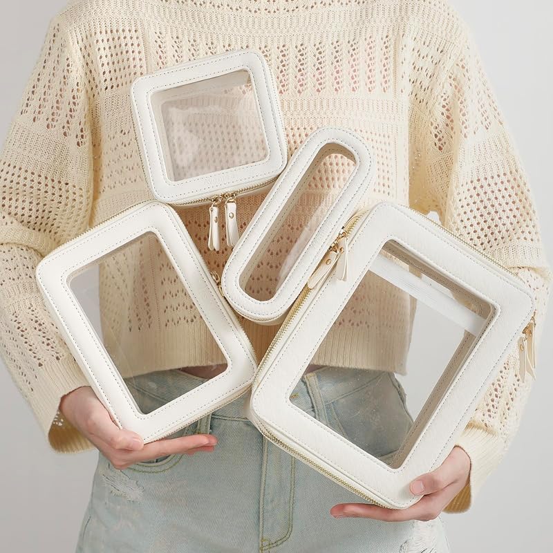 Aveniee Off-White Dual Layer Large Clear Makeup Bag - Double-Sided Train Case