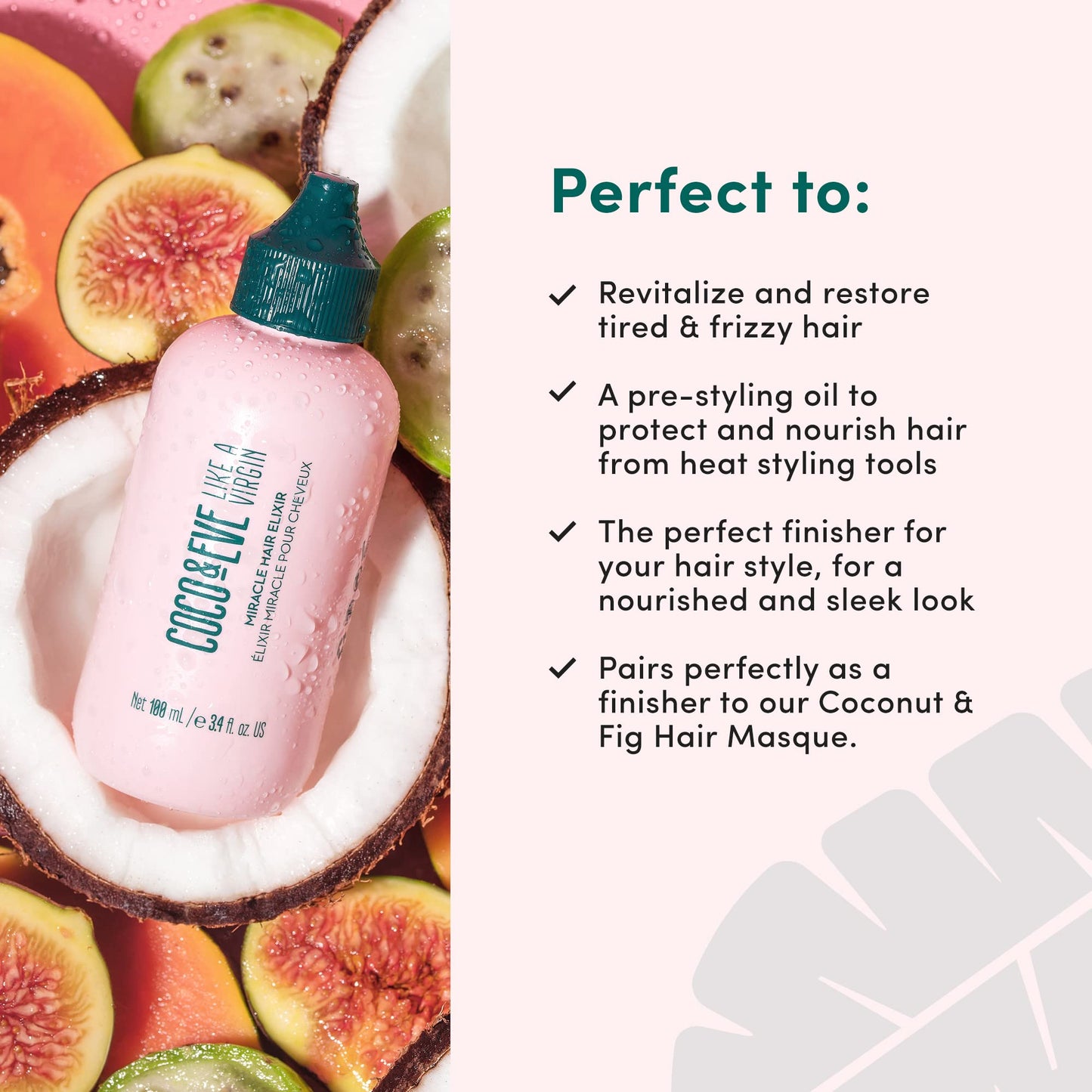 Coco & Eve Miracle Hair Elixir. Coconut Oil with Hyaluronic Acid Leave in Conditioner.Treatment for Dry Damaged Hair | Frizz control. Protects from Heat Styling