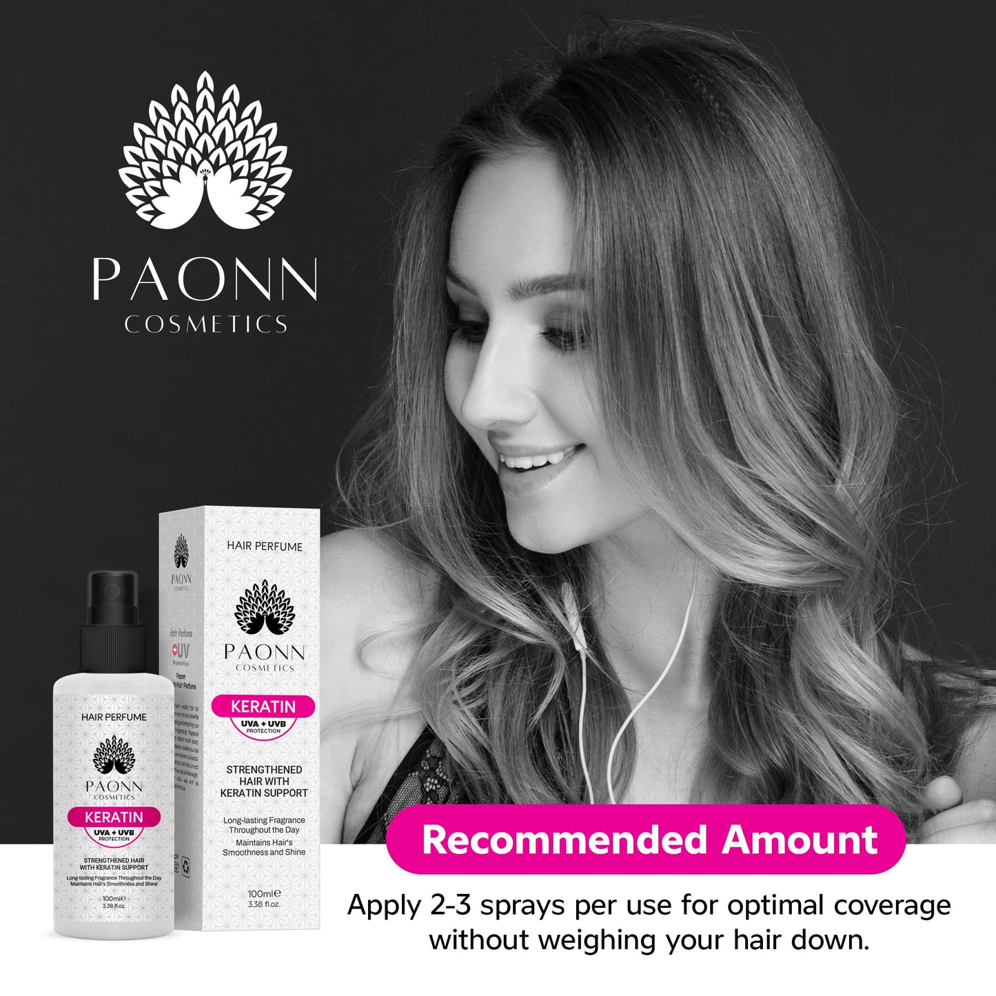 PAONN Keratin Hair Perfume, Keratin-Enriched Mist, UVA & UVB Protection Fragrance, Long-Lasting Scent, Hair Care Smoothness & Shine