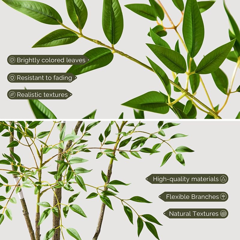 4.6ft Faux Bamboo Tree with 800+ Leaves in Cement Planter – Realistic Indoor Nandina Tree, Non-Toxic, Green Variation Included