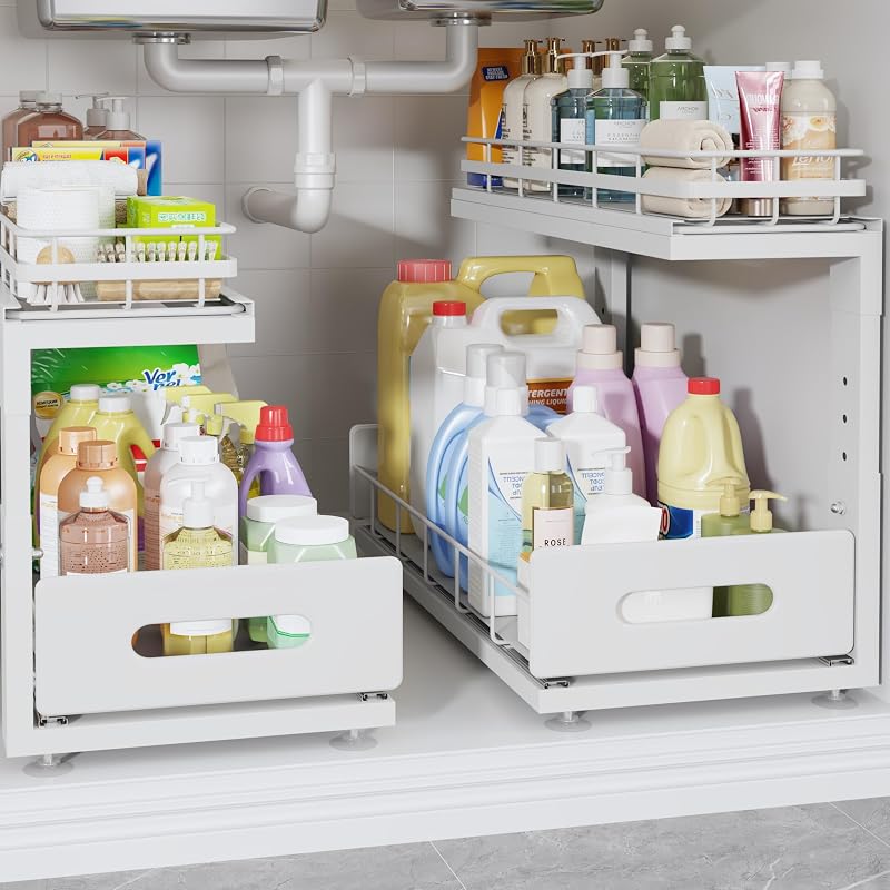 Under-Sink 2-Tier Pull-Out Organizer with Height-Adjustable Rails - 18.5x12.8x16.9 in (White) - 2 Pack