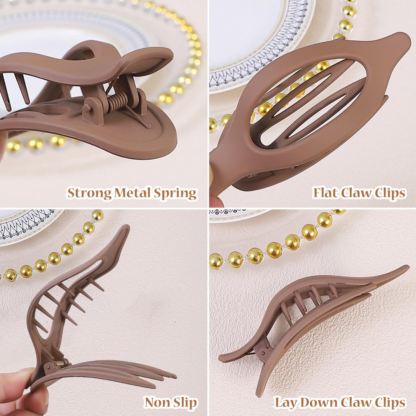 CHANDAT Flat Hair Clip 6 pcs Lay Down Claw Clips Hair Accessories for Women -Brown
