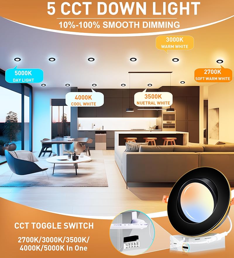 [5CCT] CLOUDY BAY 6" Recessed LED Downlight with Night Light, 12W 850LM 2700K-5000K, Black, Swivel Angled Canless