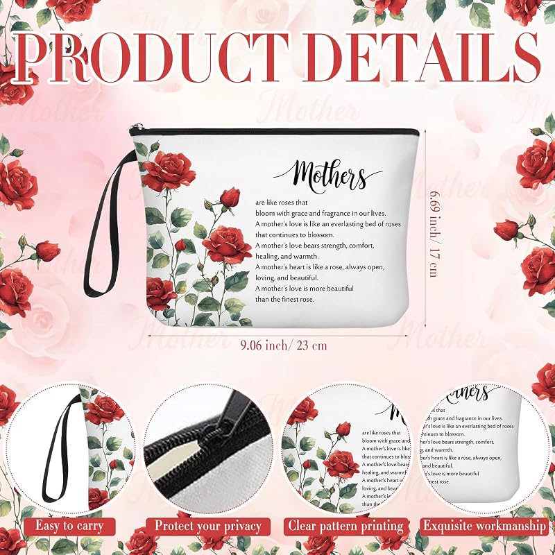 10pc Mother's Day Gift Set: Red Rose Cosmetic Bags & Inspirational Compact Mirrors