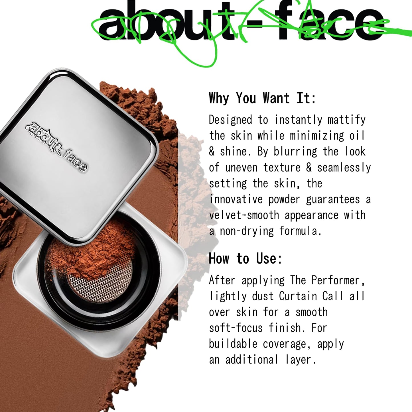 about-face Curtain Call Set & Smooth Loose Powder Applause – Lightweight, Oil-Absorbing Setting Powder with Rice Starch & Corn-Based Talc Alternative – Vegan, Cruelty-Free – 0.35oz (Deep)