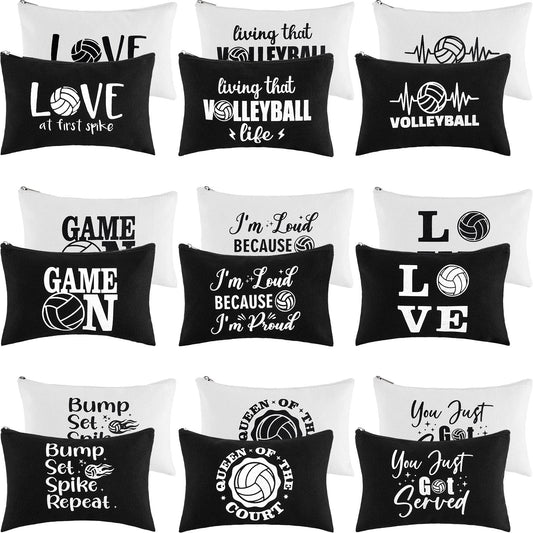 18 Pieces Volleyball Gifts Volleyball Makeup Bags Sport Pencil Makeup Case Cosmetic Canvas Storage Pouch with Zipper Portable Travel Toiletry Bag Accessories for Players Teams Women Girls, 2 Colors