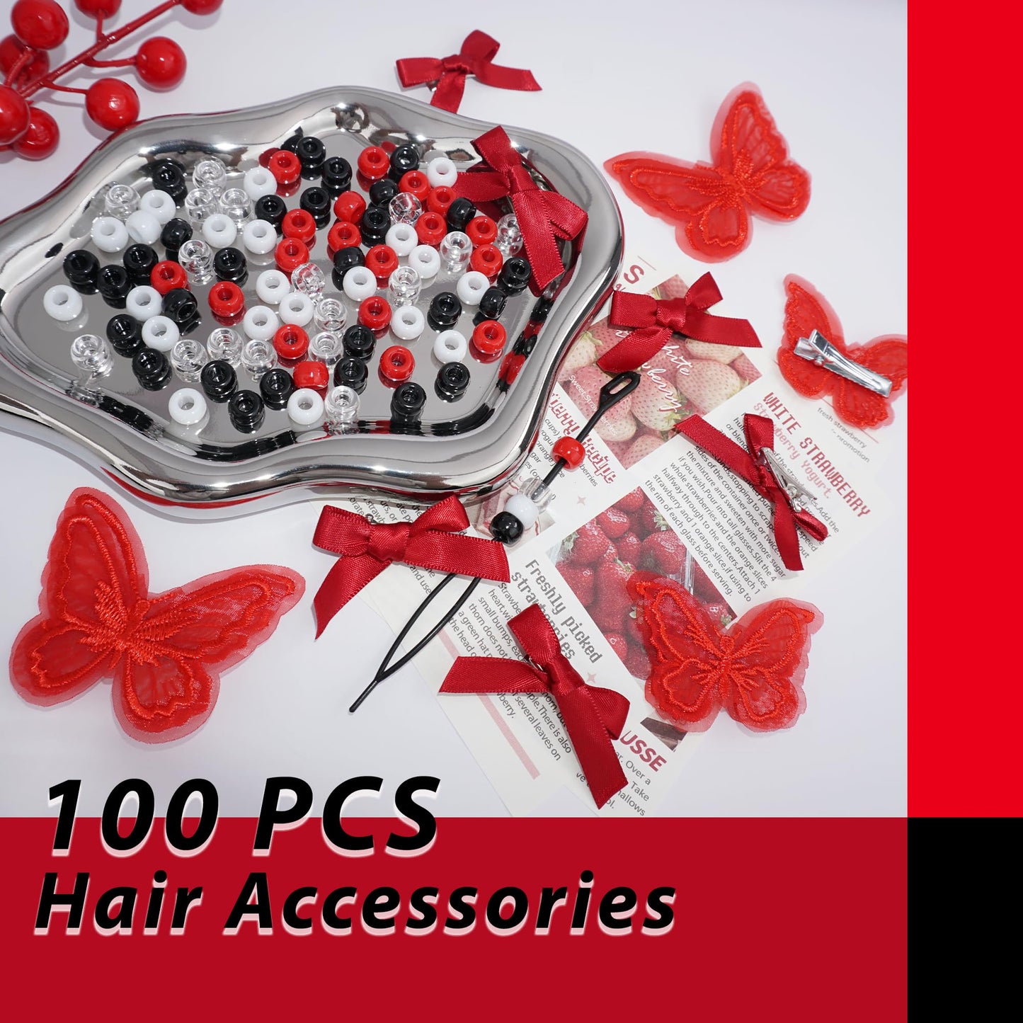 Arocooy 100PCS Hair Beads for Braids Coquette Red Bow Hair Clips Embroidery Butterfly Hair Clips Black Loc Dreadlock Beads Cute Hair Decoration for Girls Women