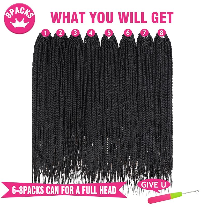Box Braids Crochet Hair 24" Knotless Pre-Looped 8 Packs Ombre 1B# – 144 Strands, 18 Per Pack