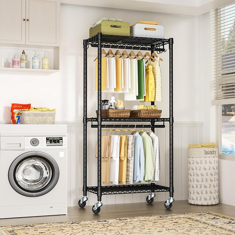 FUTASSI P3 Mini Heavy-Duty Rolling Clothes Rack – 3-Tier Adjustable Garment Rods, 430 lb Capacity, Black
