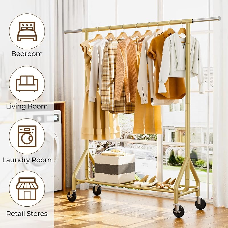 HYSEYY Gold Heavy-Duty Rolling Clothes Rack 450 LBS - 68.5in Wide, Wheel Locks