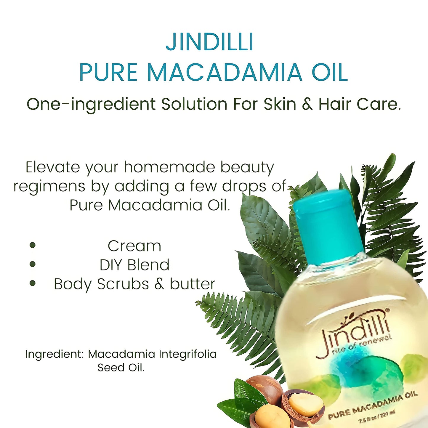 Jindilli - Pure Macadamia Oil | Cold-Pressed, Filtered, All-Natural, Vegan, Non-GMO, Hexane-Free, Cruelty-Free - Multipurpose Moisturizer (7.5 oz)