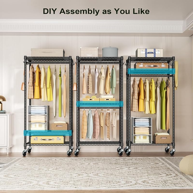 FUTASSI P3 Mini Heavy-Duty Rolling Clothes Rack – 3-Tier Adjustable Garment Rods, 430 lb Capacity, Black