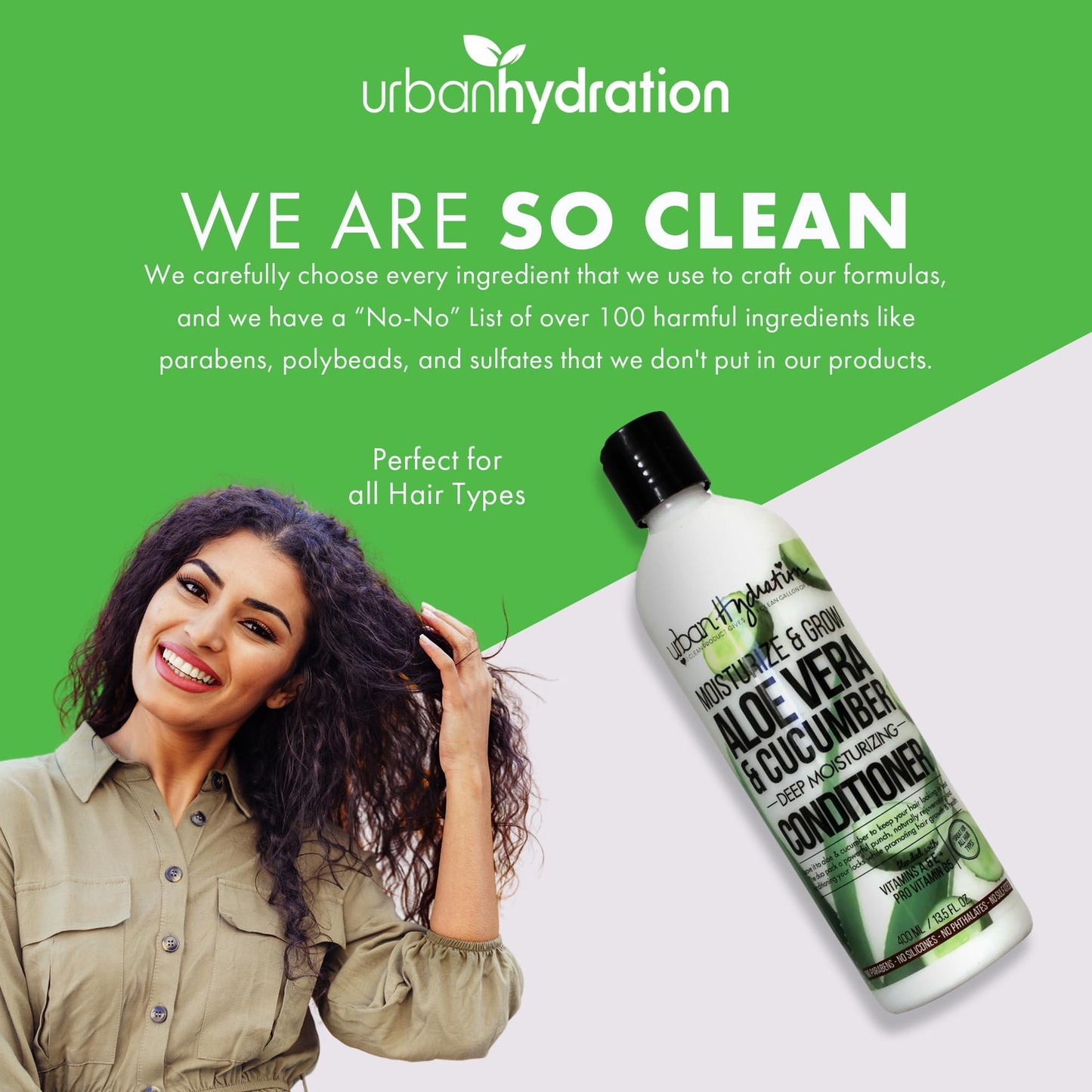 Urban Hydration Hydrate and Grow Aloe Vera & Cucumber Moisturizing Conditioner, Promotes Hair Growth and Hydration - Silicone, Paraben and Sulfate Free - 13.5 FL Oz