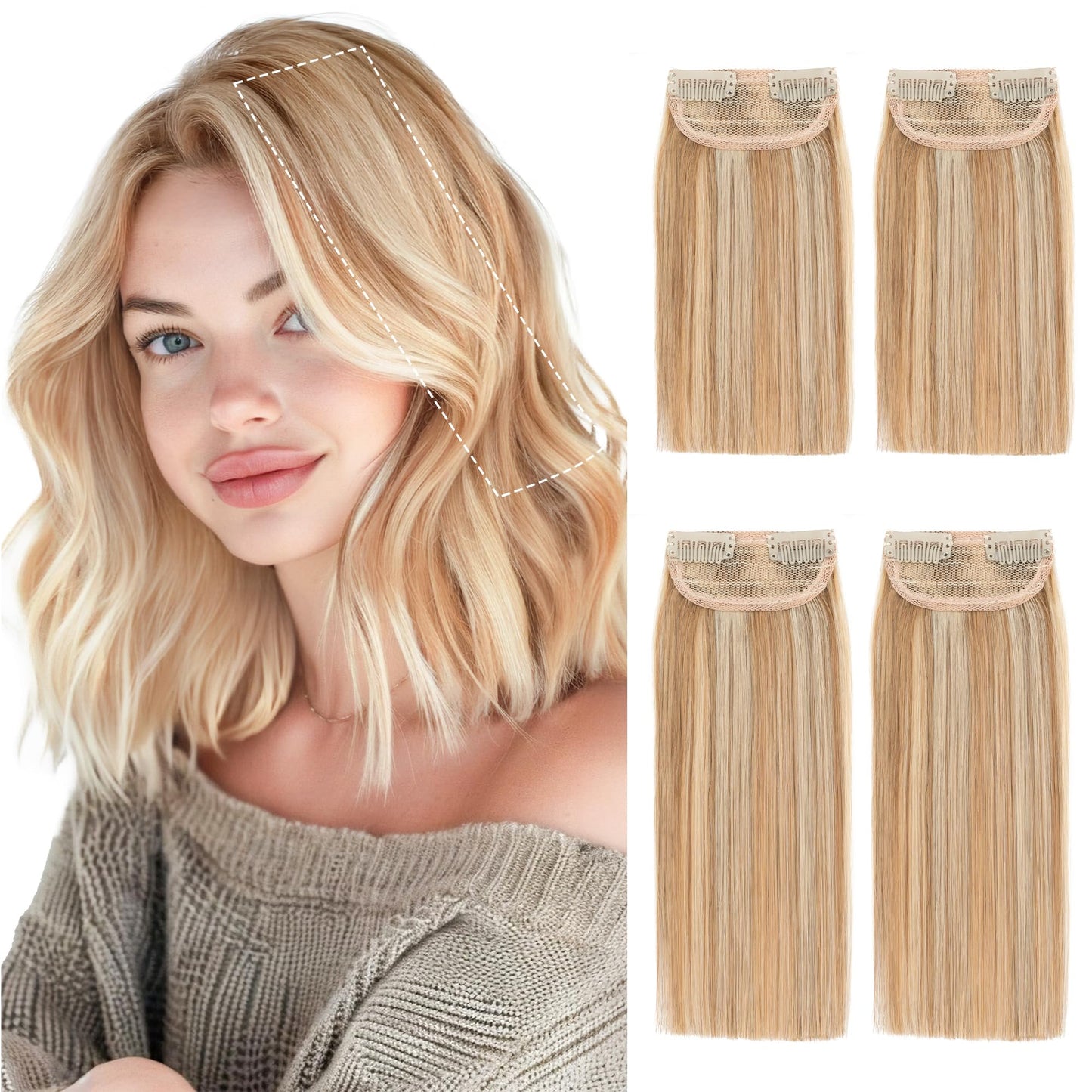 SEGO 4 Pcs Clip in Short Hair Volumizer Extensions Real Human Hair Natural Thick Hairpieces Toppers for Women With Thinning Hair Add Volume -#12P613 Golden Brown&Bleach Blonde