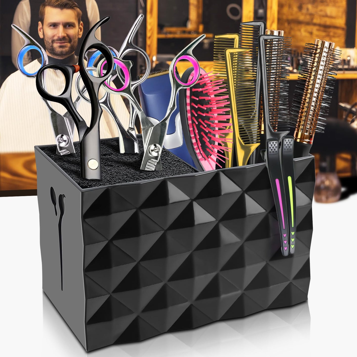 NICEMOVIC Barber Scissors Holder Box, Barber Accessories Barber Supplies, Professional Salon Hairdressing Scissors Rack Holder Storage Organizer for Hairstyling Combs Clips Brushes (Black)