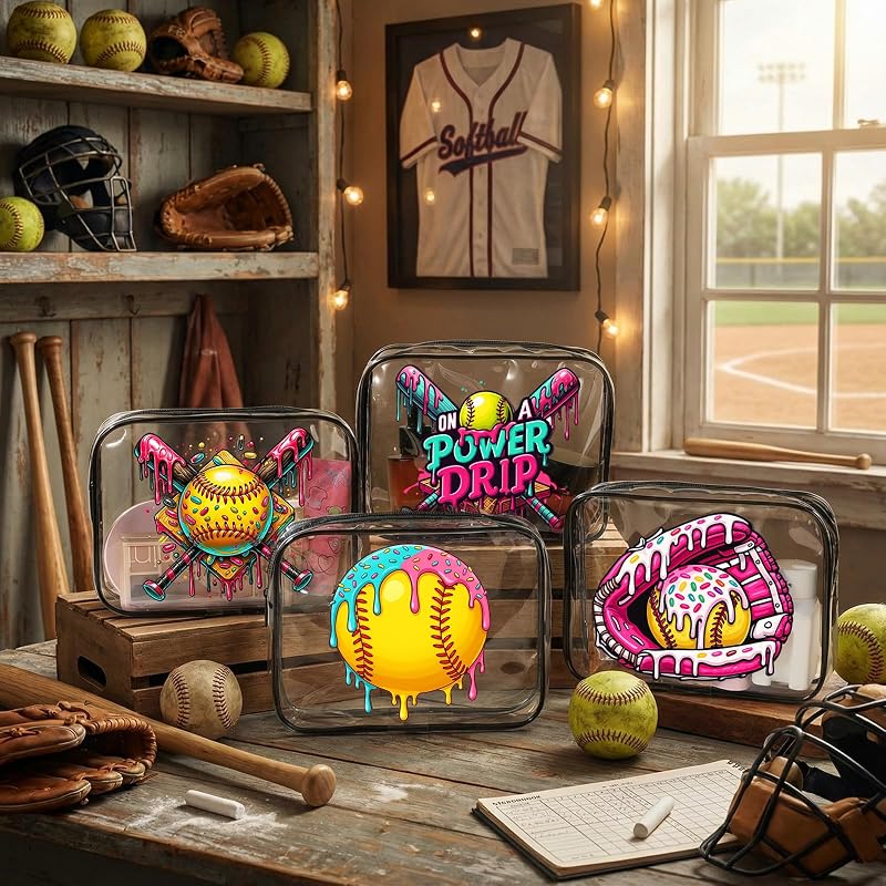 Softball Ice Cream Drip Makeup Bags (12 Pcs) - PVC Clear Cosmetic Bags with Zipper, 7.09 x 5.51 x 1.77 in - Variation: Softball
