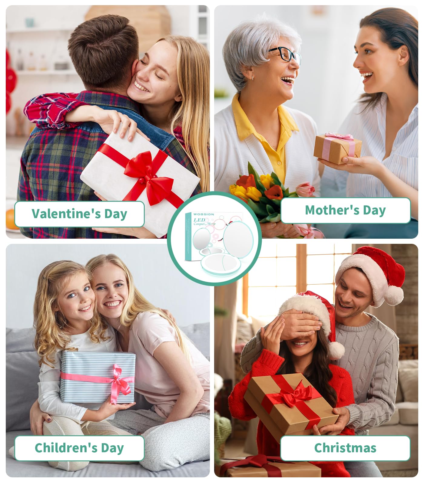 wobsion LED Lighted Travel Makeup Mirror, 1x/10x Magnification, Compact, Portable for Handbag, Purse, Pocket, 3.5 inch Illuminated, Folding, Handheld, 2-Sided, Round, Cyan