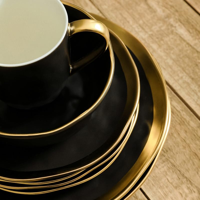 Stone Lain Florian Black & Gold 16-Piece Porcelain Dinnerware Set for 4 - Includes Plates, Bowls & Mugs