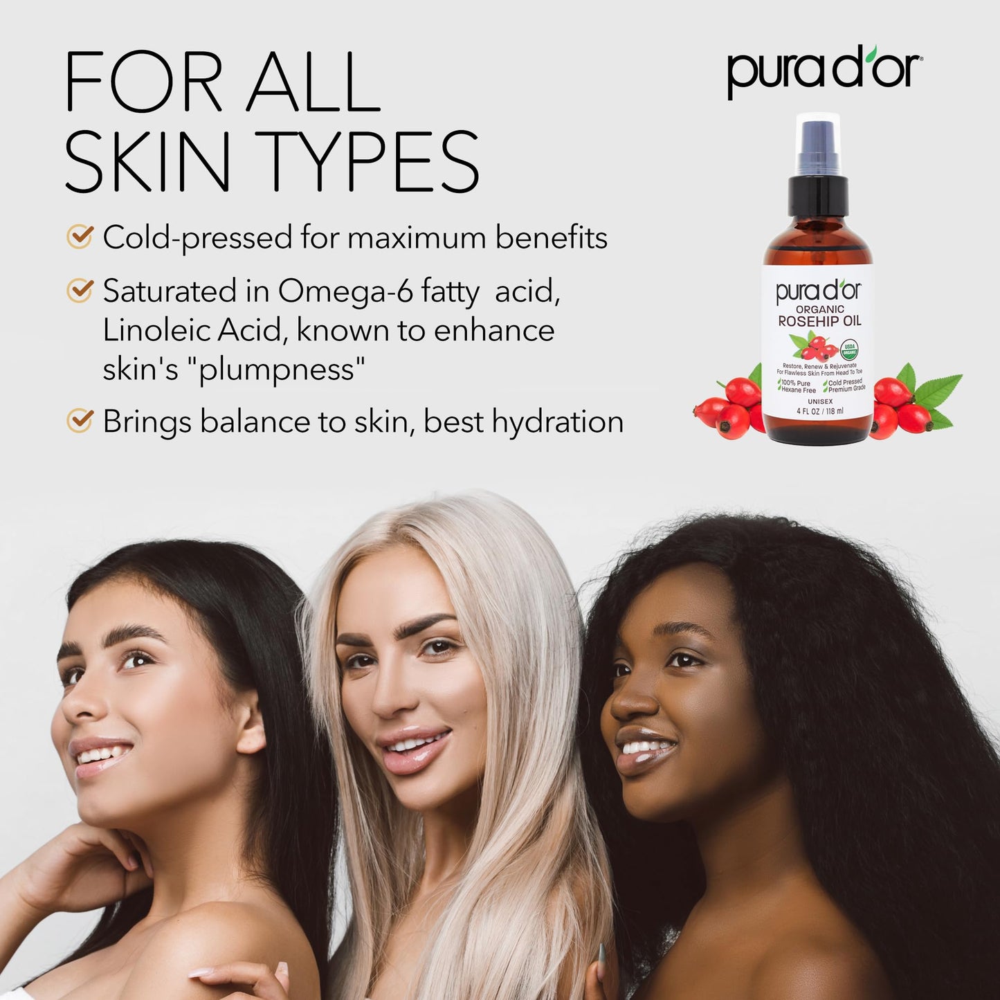 PURA D'OR 4 Oz ORGANIC Rosehip Seed Oil Hair Relaxer 100% Pure Cold Pressed USDA Certified All Natural For Anti-Aging, Scar Treatment, Face, Hair Relaxer & Skin Moisturizer - Women & Men