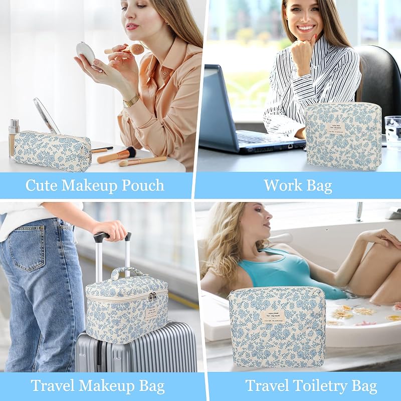 Bee Variation Quilted Makeup Bag Set - Large Floral Cotton Cosmetic Bags, 3-Piece, Giftable