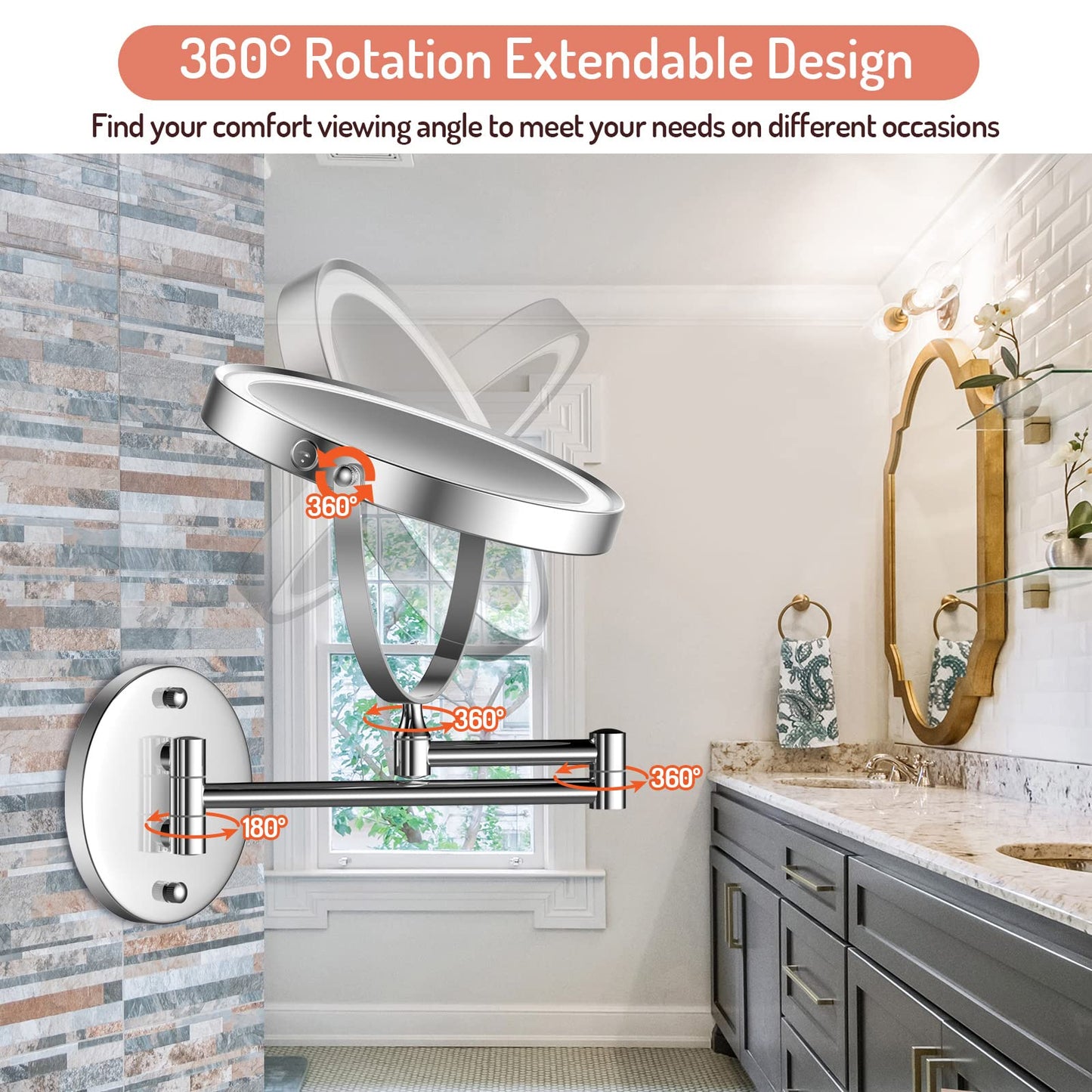 Rocollos Rechargeable Wall Mounted Lighted Makeup Mirror Chrome, 8 Inch Double-Sided LED Vanity Mirror 1X/10X Magnification,3 Color Lights Touch Screen Dimmable 360°Swivel 13 Inch Extendable