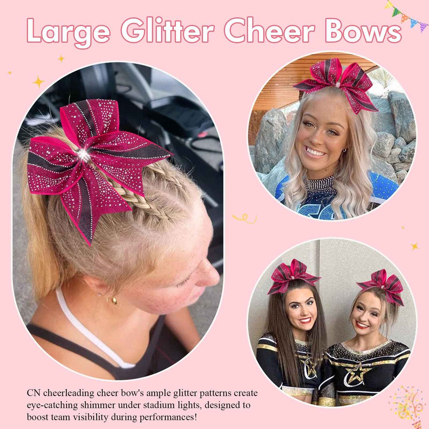 CN 6PCS Glitter Cheer Bows for Cheerleaders, Hot Pink Sparkly Large Hair Bows for Girls Cheerleading with Elastic Hair Ties，Cheer Hair Accessories for Softball Competition School Spirit