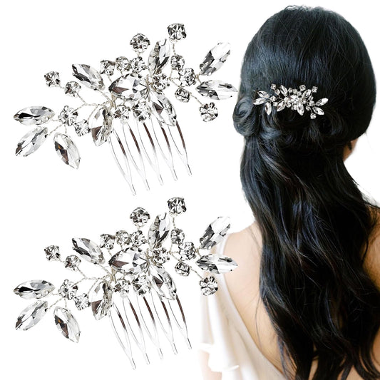 2PCS Silver Rhinestone Hair Combs, Clear Crystals Wedding Metal Hair Combs, Sparkly Crystal Bridal Hair Accessories for Bridesmaids Women Girls