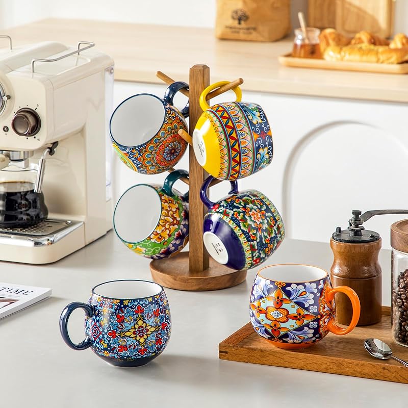 18oz Set of 6 Ceramic Coffee Mugs - Colorful Bohemian SIMI Dinnerware