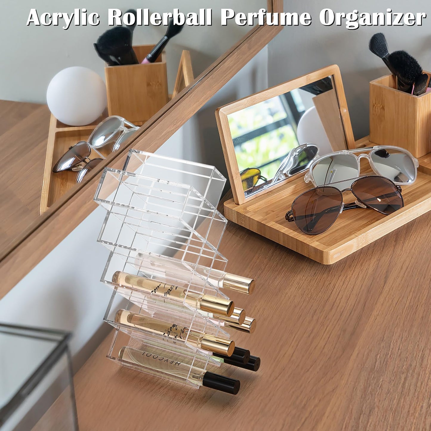 ELLDOO Rollerball Perfume Organizer, 14 Spaces Clear Acrylic Perfume Storage Holder Beauty Scent Holder, Stackable Makeup Lipgloss Lipstick Display Case Lip Gloss Storage Stand