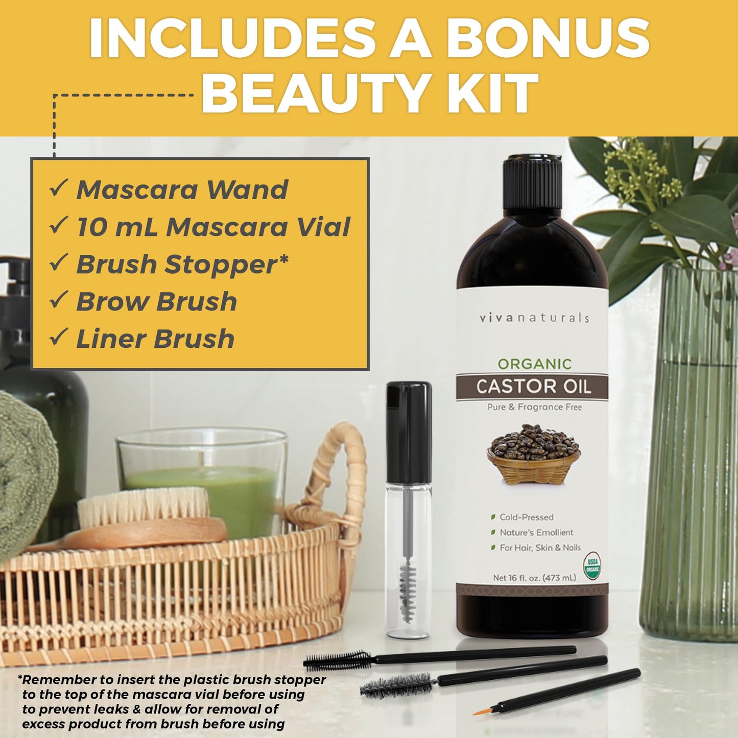 Viva Naturals Cold pressed Organic Castor Oil 16 fl oz - Castor Oil for Face, Eyelashes, Traditional Eyebrow Serum, Hair Oil - Certified Organic & Non-GMO