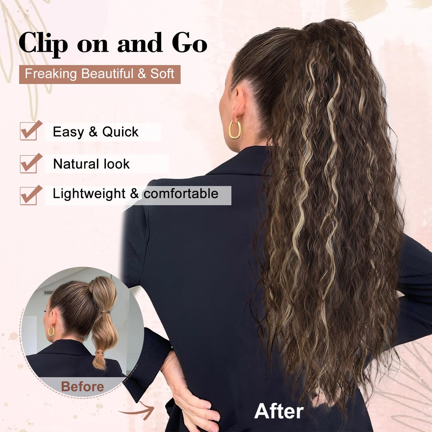 QGZ Ponytail Extension 26 Inch Claw Clip in Ponytail Extensions Long Wavy Curly Fluffy Pony Tails Hair Extensions Synthetic Hairpieces for Women(Brown with Blonde Highlights)