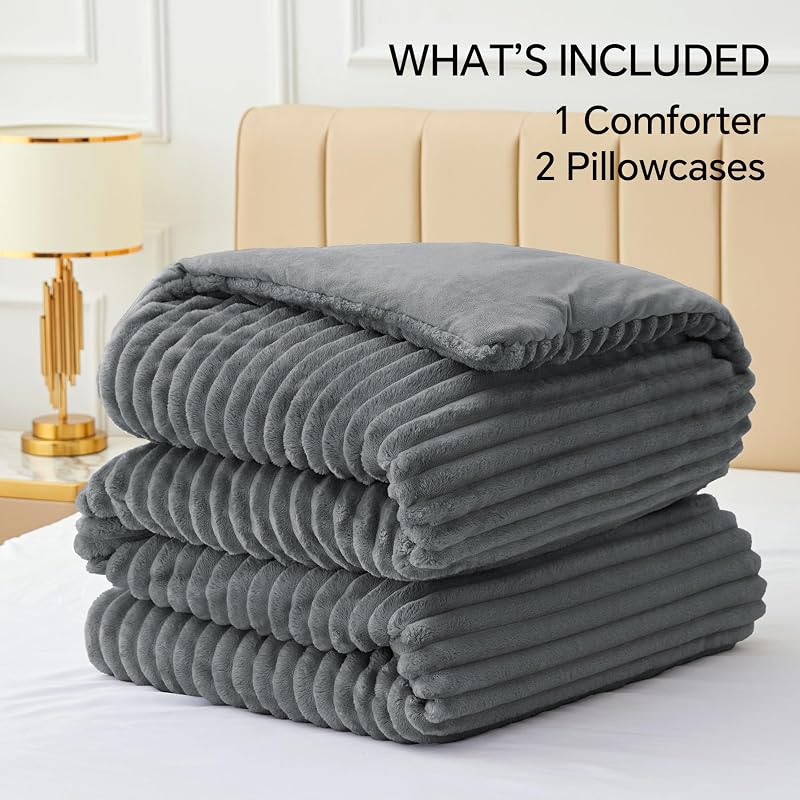 BEDELITE Grey King Comforter Set with Faux Fur, Micro-Mink & Flannel Reversible