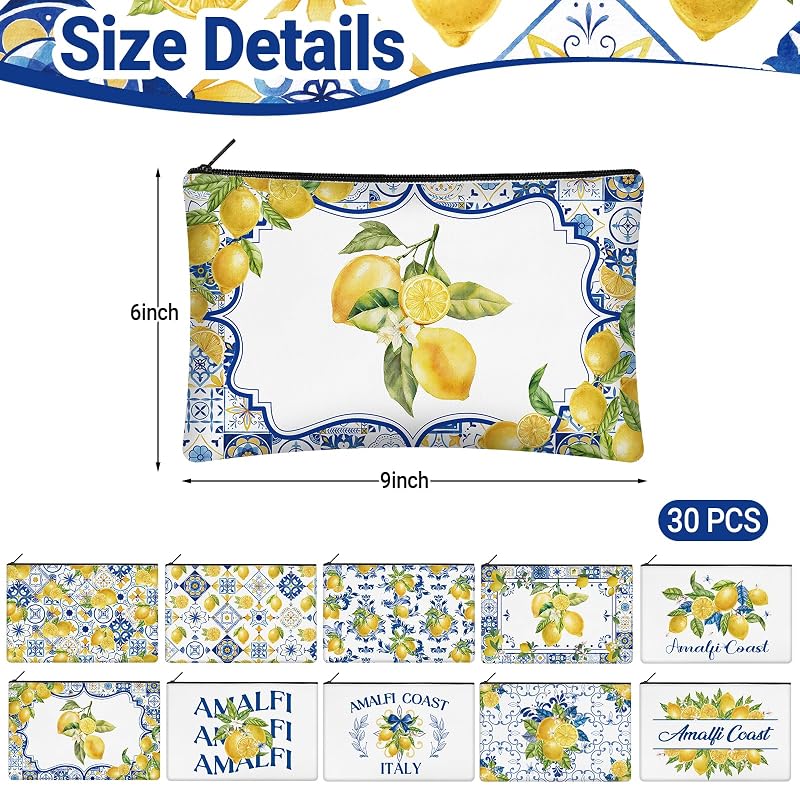 30 Pcs Amalfi Coast Makeup Bags - Lemon Porcelain Canvas Zipper Pouches Set
