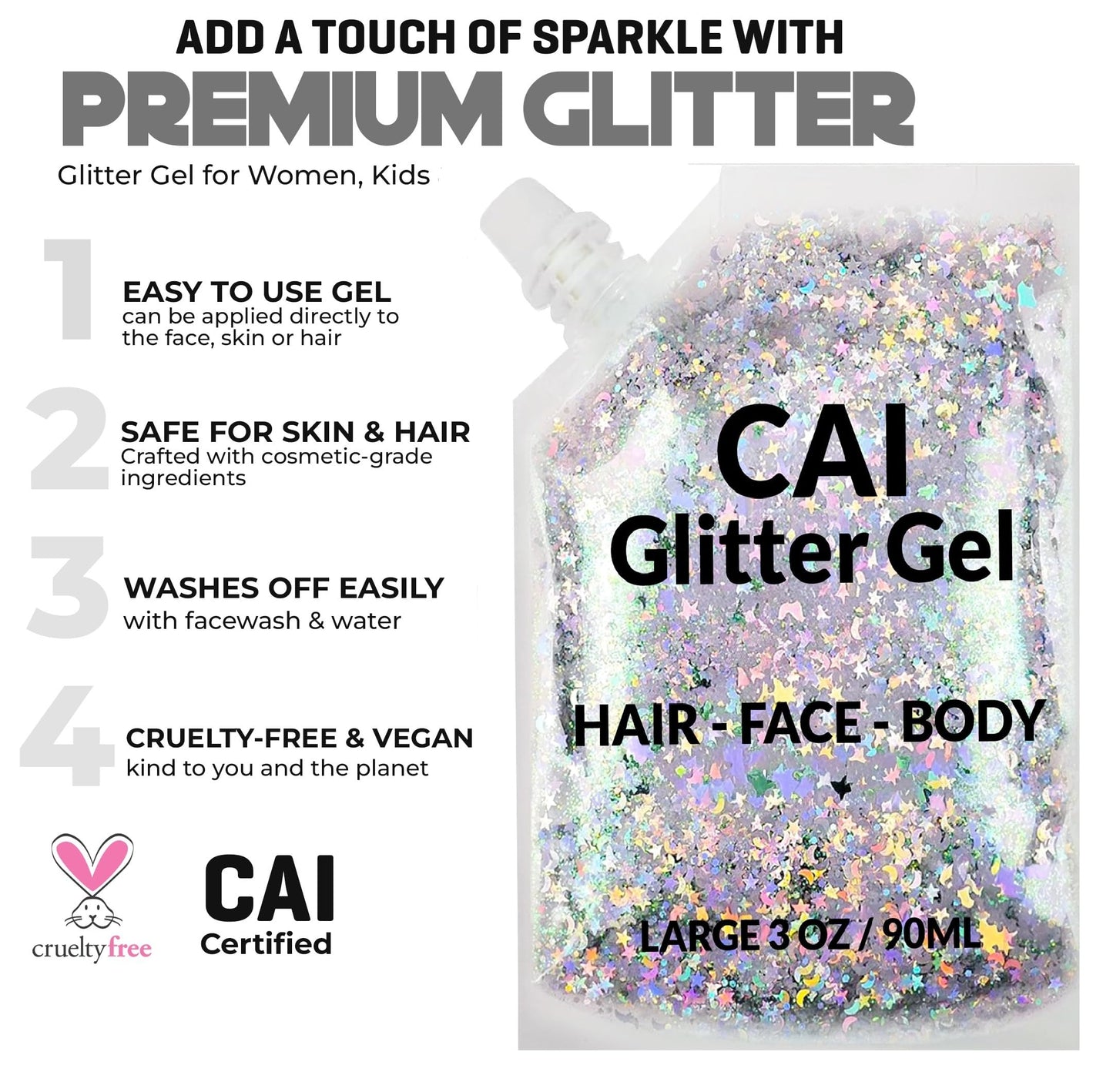 Face, Body & Hair Glitter Gel – Halloween Glitter for Kids and Women – 3 Oz Cosmetic-Grade Gel w/Moon & Stars for Festivals & Halloween Party, Easy Apply & Wash Off - Blue 2Pack