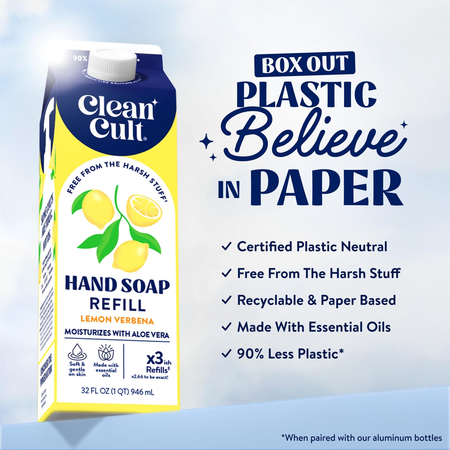 Cleancult Liquid Hand Soap Refill - Lemon Verbena - Moisturizes Dry & Sensitive Skin - Made with Aloe Vera & Essential Oils - Eco Friendly - Paper-Based Packaging - 32 oz/1 Pack