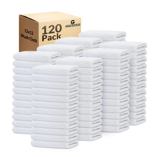 GOLD TEXTILES 120 Pack Economy White Washcloths Set (12x12 inches) - Cotton Blend Commercial Grade Cleaning Rags, Quick Drying & Soft Face Cloths, Fingertip Towels for Bathroom, Spa, Gym, and Kitchen