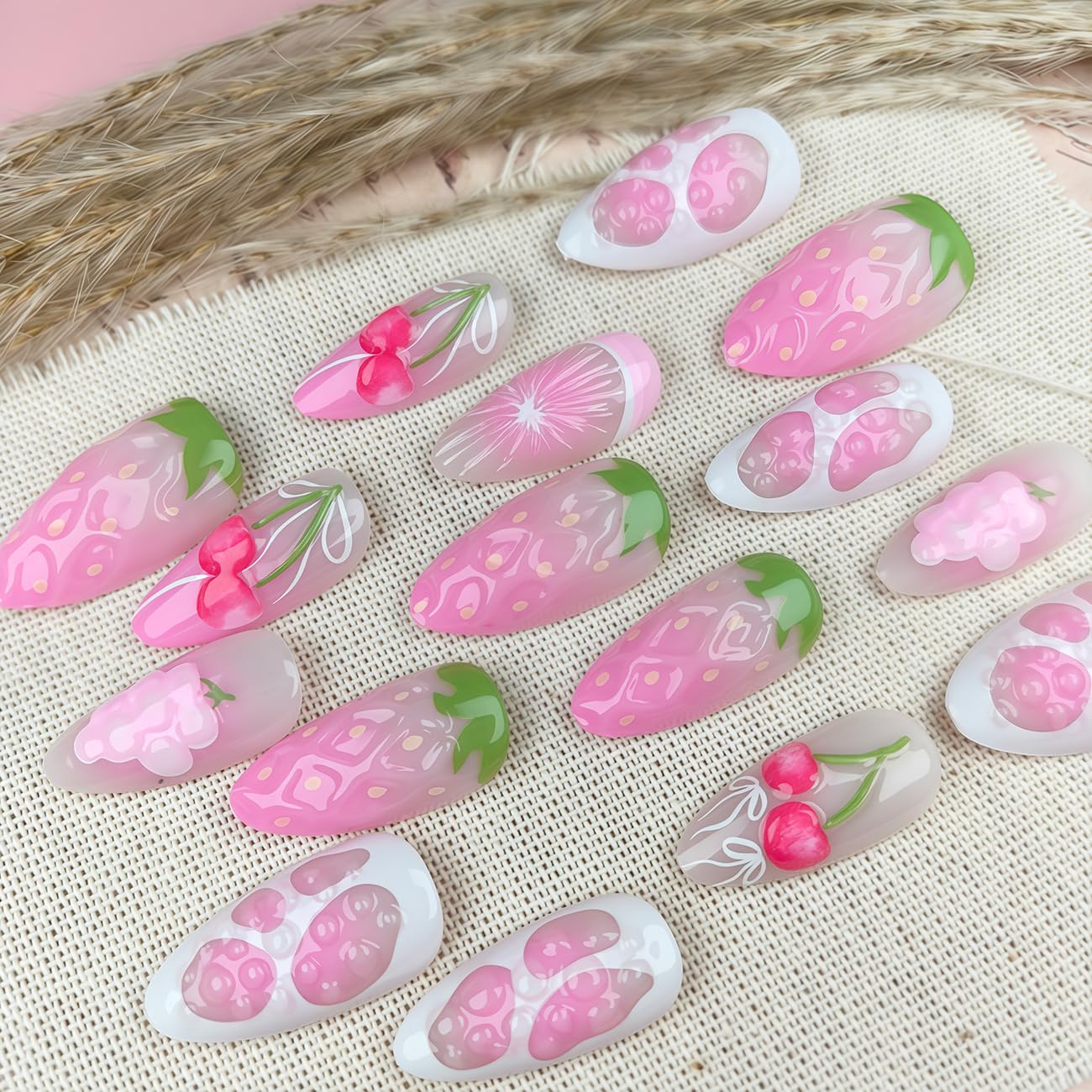 French Tip Press on Nails Almond Long Fake Nails with Strawberry Embossed Pattern Water Drop Design Acrylic Full Cover False Nails Summer Artificial Nail Women Daily Wear Nail Decoration