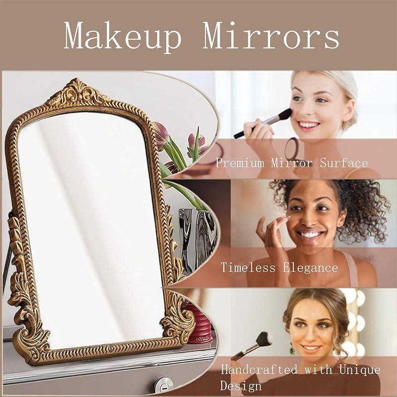 Small Gold Vintage Vanity Mirror with Wooden Frame - 11.8x9.6 Inch Tabletop Makeup Mirror