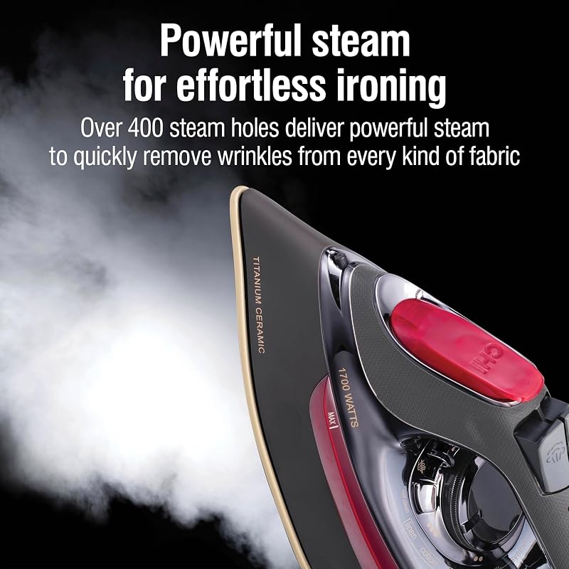 CHI 1700W Steam Iron for Clothes with Titanium-Infused Ceramic Soleplate - Retractable Cord, Black & Titanium