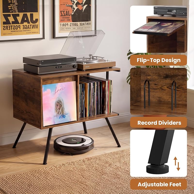 Flip Top Record Player Stand with 150-Album Capacity, Rustic Brown + 2-Tier (Variation)