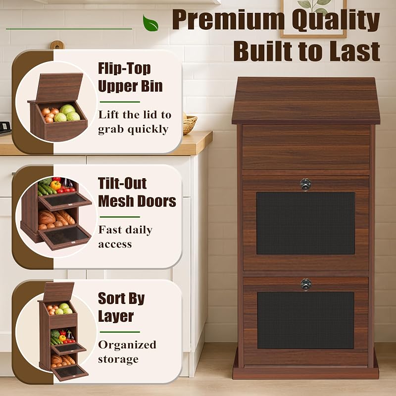 Verssure Walnut 3-Tier Wooden Produce Storage Cabinet with Lid - Fresh Produce Organizer