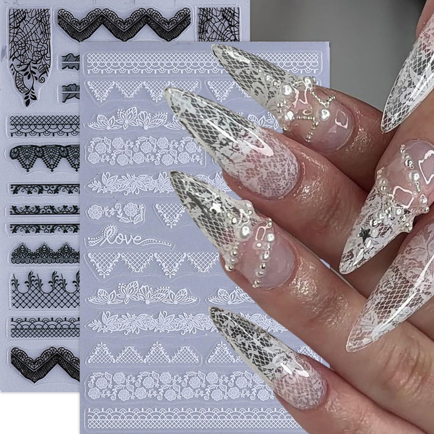 4 Sheets Lace Nail Art Stickers Black Flower Lace Nail Decals Self Adhesive 5D Micro Embossed Lace Flower French Tips Nail Designs Pegatinas Uñas Nail Supplies for Women DIY Acrylic Nails Decoration