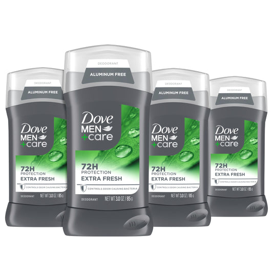 Dove Men+Care Deodorant Stick for Men 4 Count Extra Fresh Aluminum Free 72-Hour Odor Protection Mens Deodorant with 1/4 Moisturizing Cream 3 oz