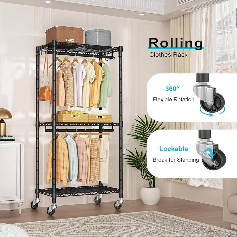 FUTASSI P3 Mini Heavy-Duty Rolling Clothes Rack – 3-Tier Adjustable Garment Rods, 430 lb Capacity, Black