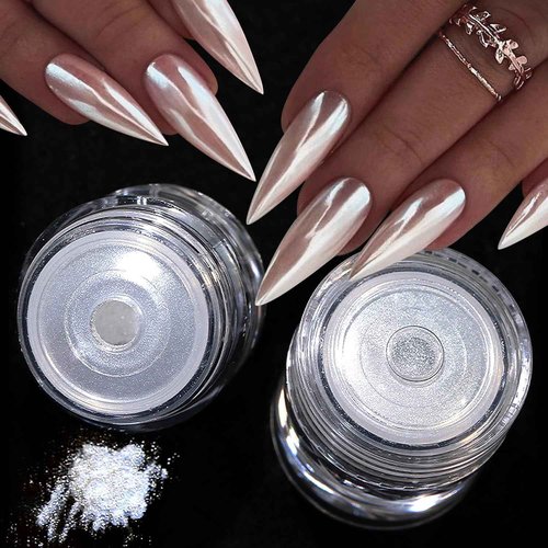 2Pcs White Pearl Chrome Nail Powder Super Glossy Metallic Mirror Effect, White Moonlight Unicorn Chrome Powder for Nails, Mermaid Glitter Pigment Powders for Gel Nail Polish Design 0.5g/Jar