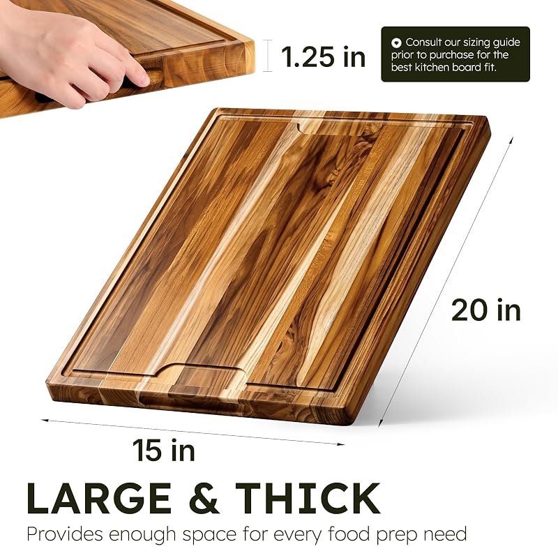 20 x 15 in Teak Cutting Board with Juice Groove – Thick 1.25 in, Corner Feet