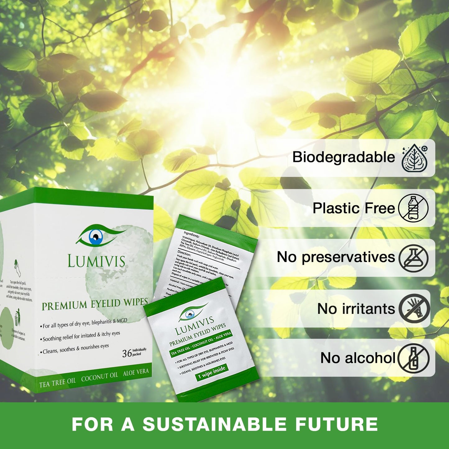 Lumivis Tea Tree Oil Eyelid Wipes – 72 Individually Wrapped Pads for Daily Eyelid Cleansing, Makeup Removal & Lash Hygiene – Natural, Soothing Formula for Sensitive Eyes